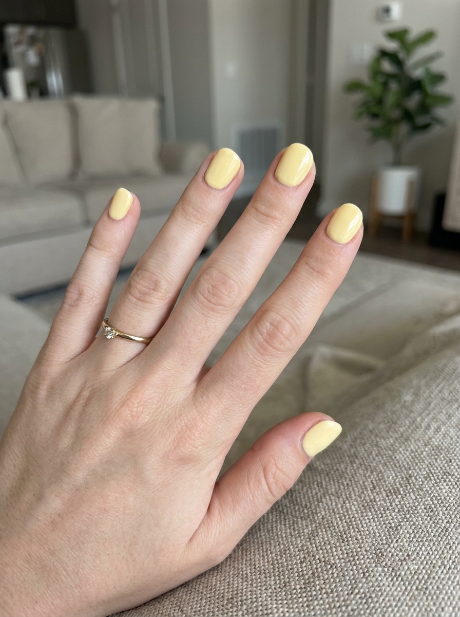 Buttery Yellow Short Nails auf kurzen gerundeten Nägeln